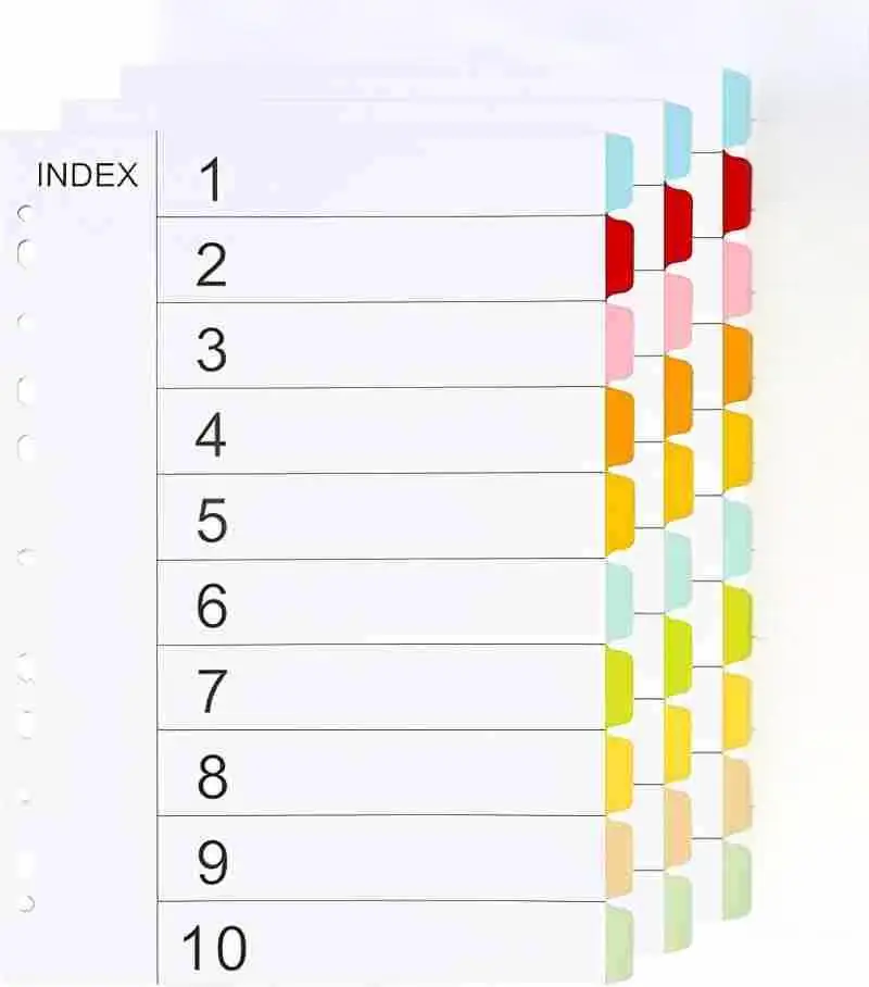 3 комплекта, 10 планшетов, разделители для папок формата А4, 11 отверстий, подходят для большинства 2/3/4-кольцевых переплетов, записываемые разделители для карточных папок, 10 цветов, разделитель для переплета