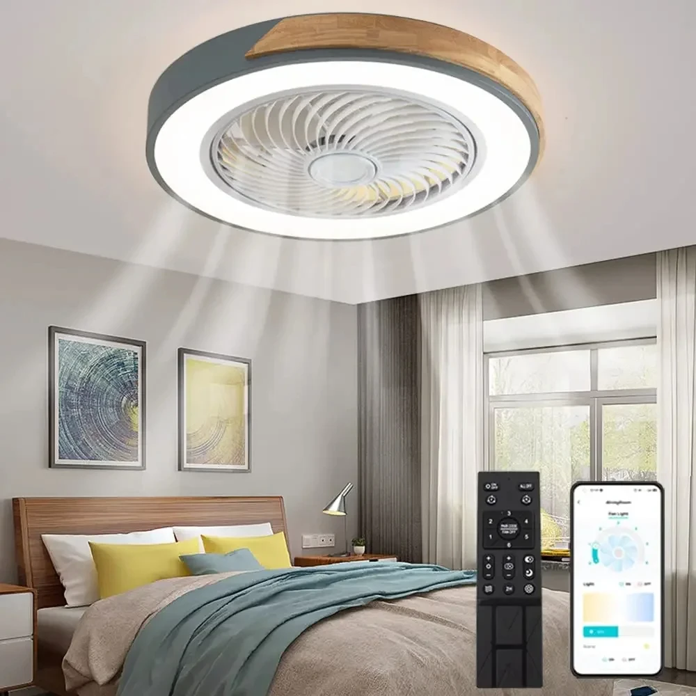 Ventilador de techo de madera de perfil bajo, lámpara LED moderna con Control remoto, regulable, temporizador de 3 colores, para interiores y niños