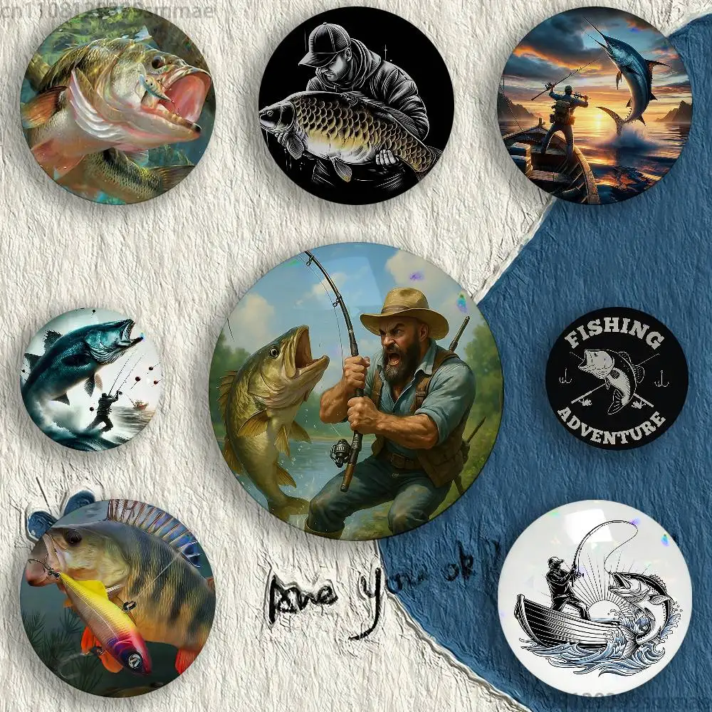 Fishing Master 32/44/58mm Handmade Pins Round Brooch Badge Backpacks Clothes Jewelry Gifts