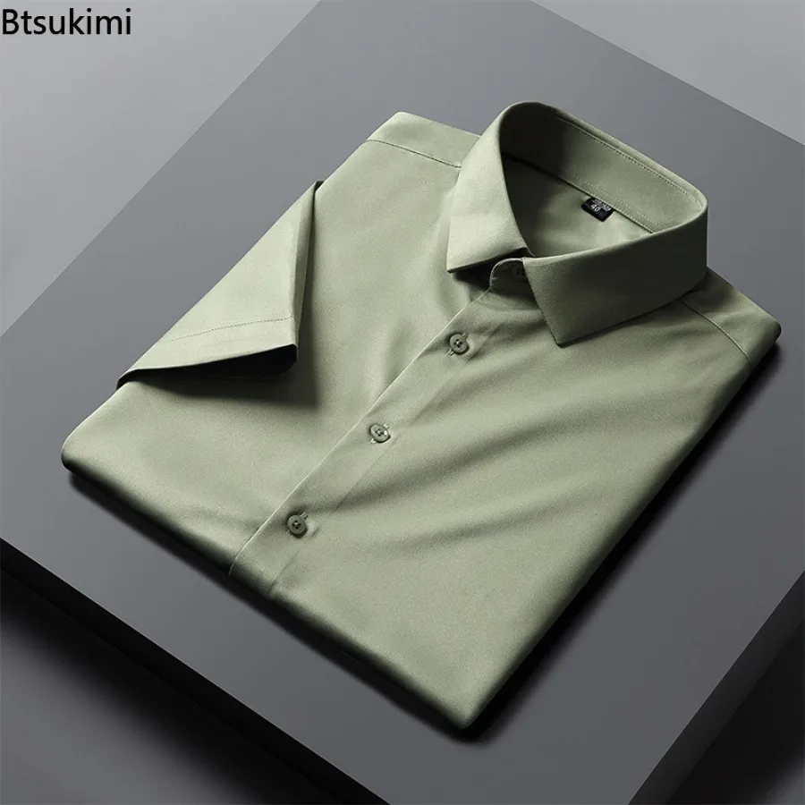 New Men's Dress Shirts High-end Non-Ironing Anti-Wrinkle Business Casual Social Shirts Solid Elastic Smooth Short Sleeves Shirts