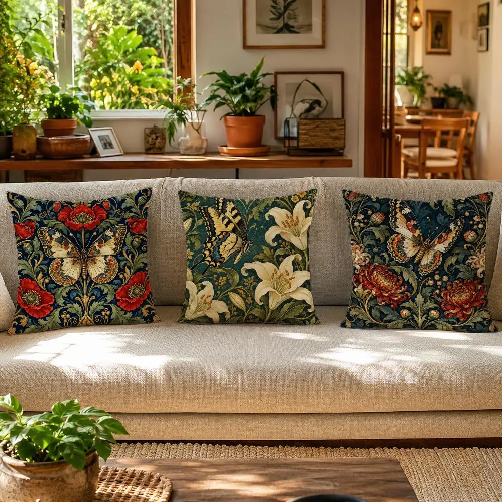 Butterfly Floral William Morris Cushion Cover Skin-Friendly Organic Linen Pillow Cover Durable Hypoallergenic Washable Soft