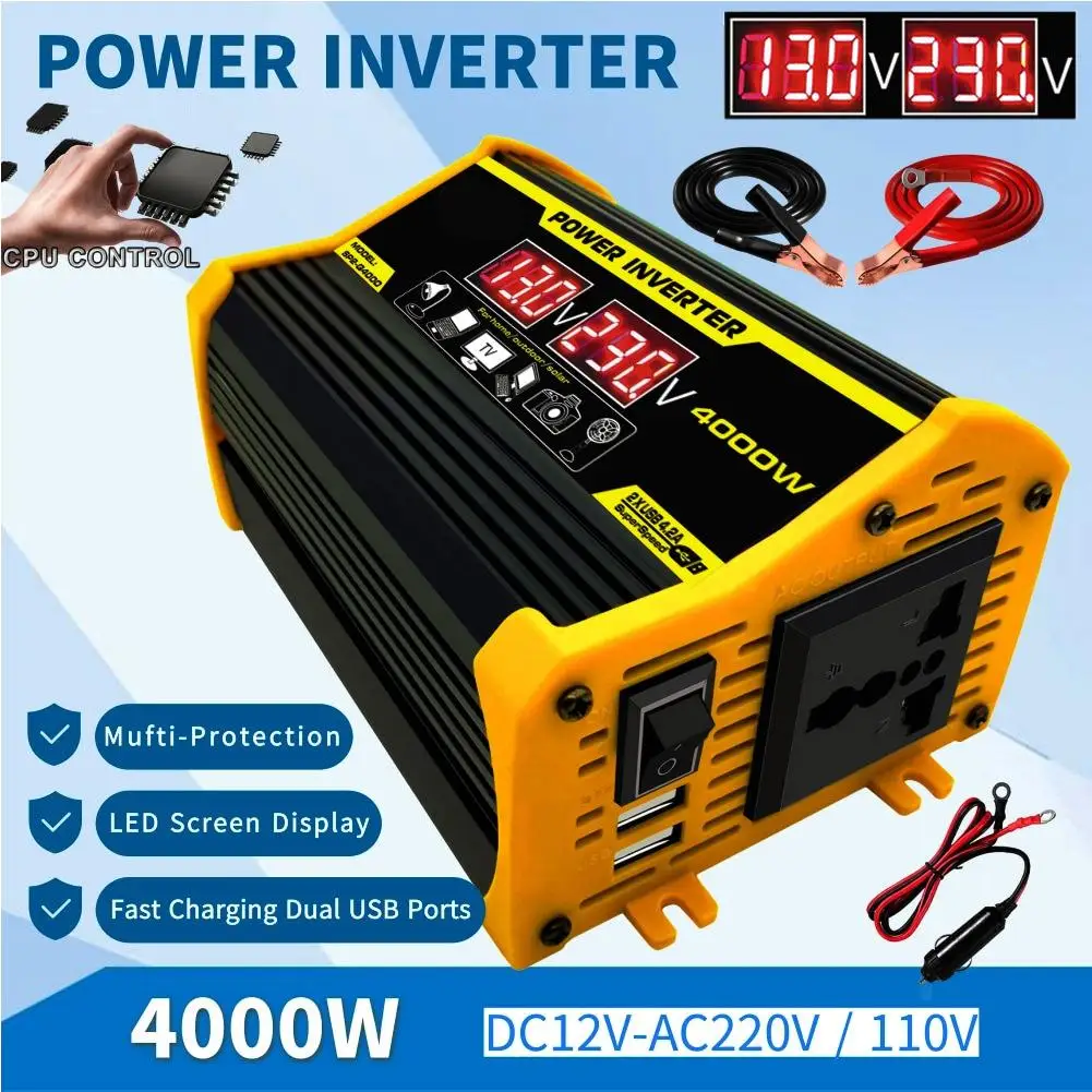 

Car Power Inverter LCD Display 4000W DC 12V to AC 220V/110V Converter Charger Adapter Protection Dual USB Voltage Transformer