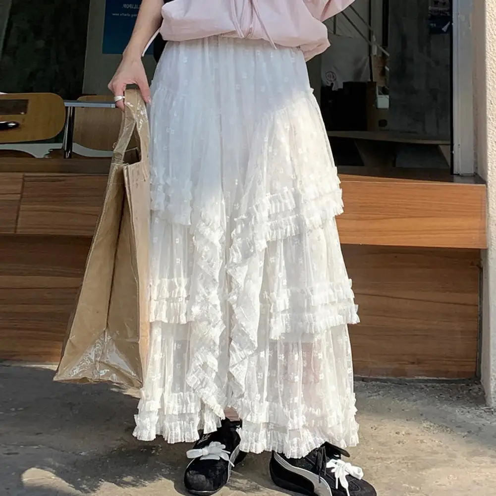 

Women High-waisted Mesh Skirt Elegant High Waist Tulle Skirt for Women Asymmetric A-line Long Skirt with Jacquard Detail Solid