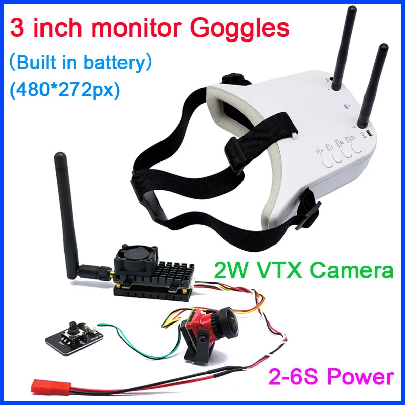 

5.8G 48CH 2W VTX transmitter with 1200TVL fpv camera and 3 inch FPV Goggles Monitor build in Battery for FPV Drone Airplane