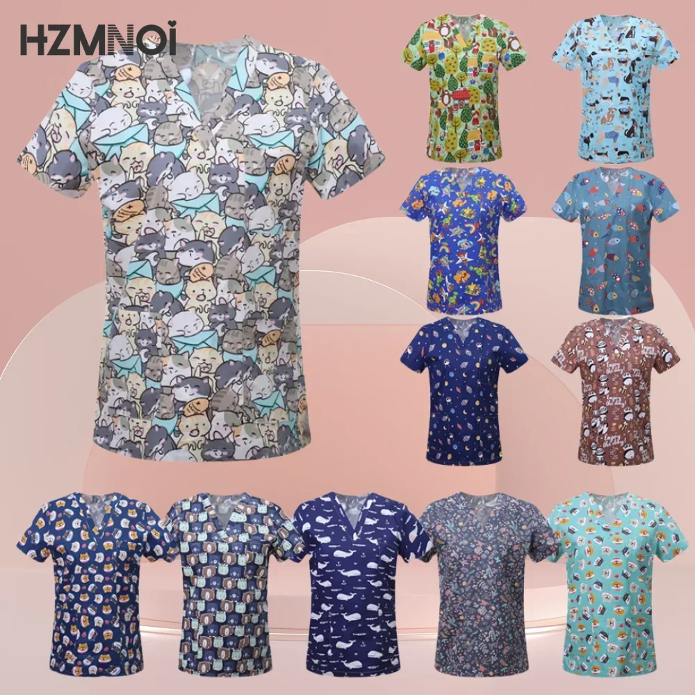 

Pet Clinic Vet Work Uniforms Women Nurse Accessories Animal Printed Hospital Doctor Nursing T-Shirt Medical Scrubs Clothes Tops