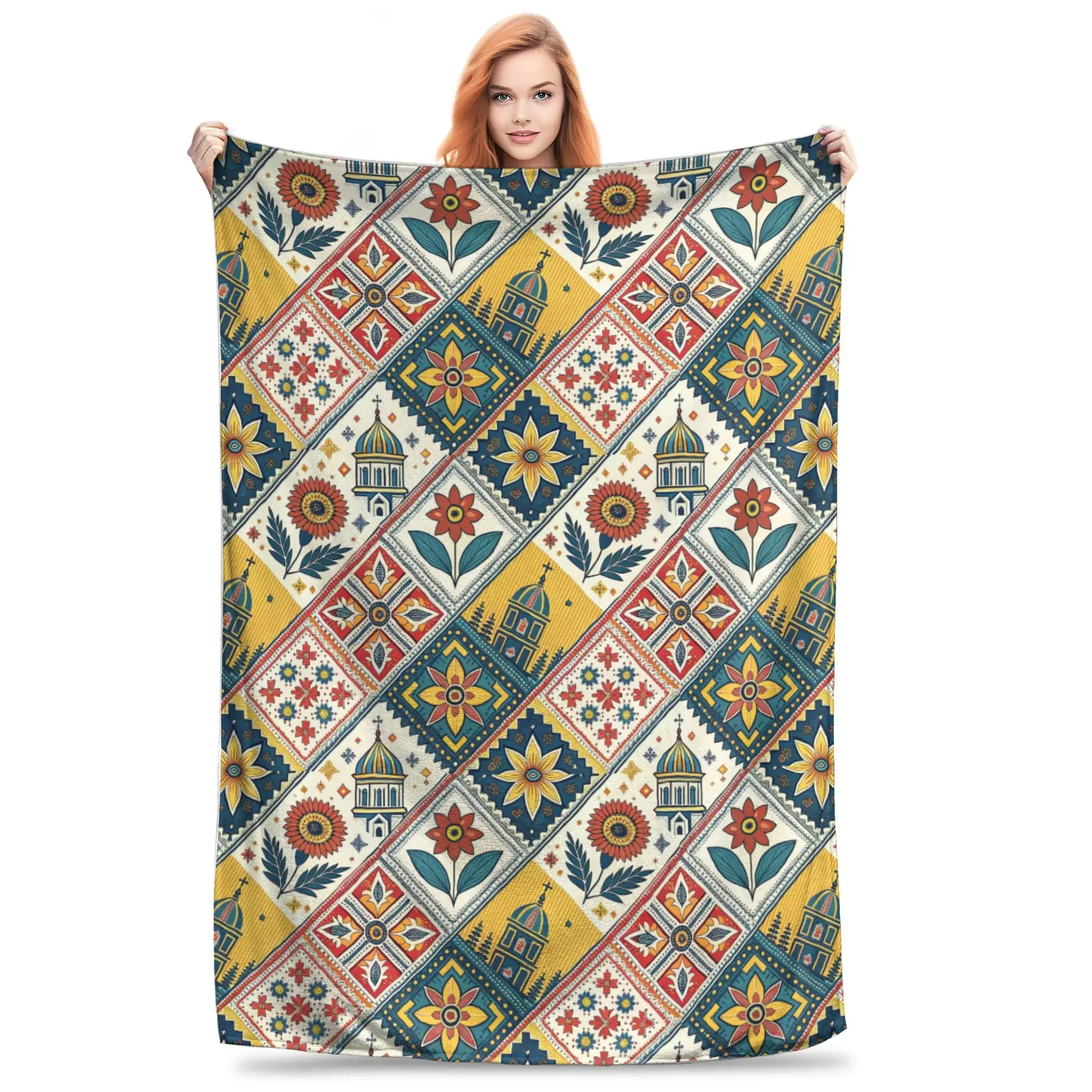 Intricate Slavic Folk Art Seamless Pattern with Floral and Architectural Motifs. Blankets Blanket for Couch Bedding Outdoor