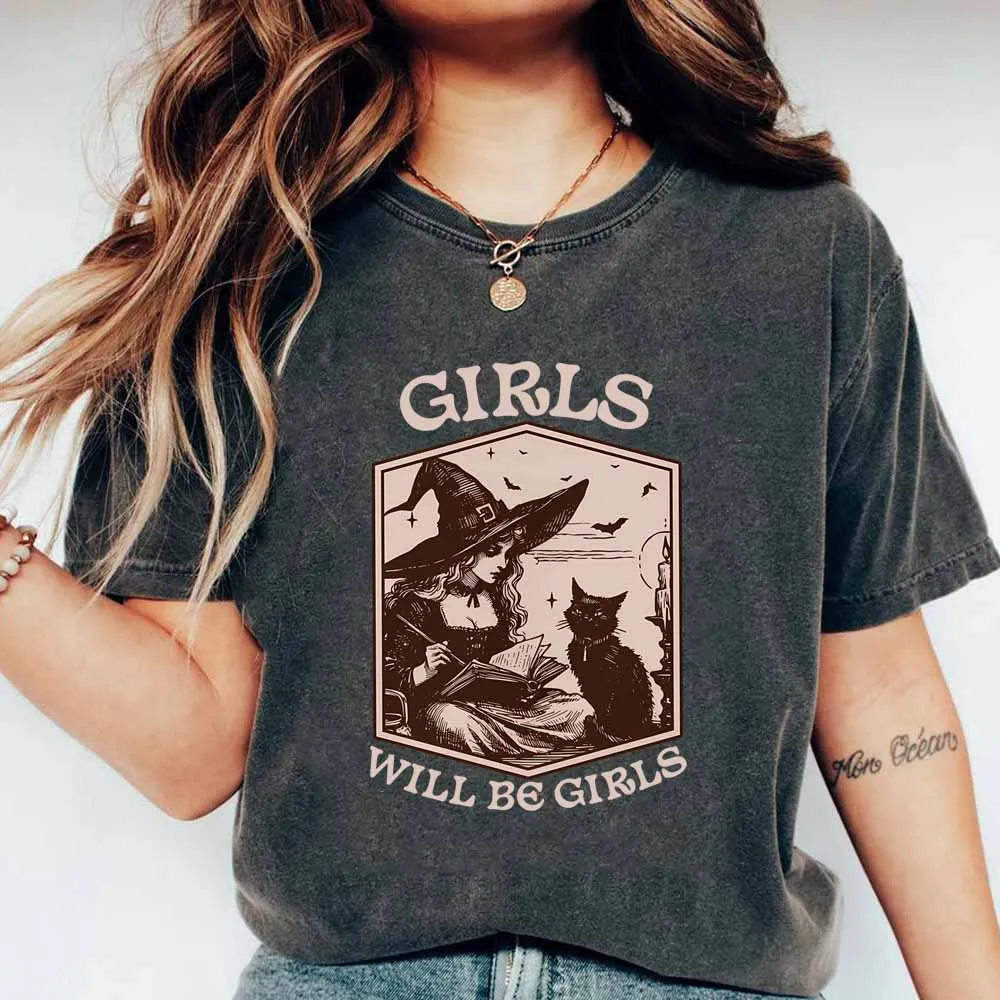 

Girls Will Be Girls Witch Shirt Vintage Witch Shirt Halloween Black Cat Gothic Tee Aesthetic Y2k Tshirt Women Spooky Witchy Tops