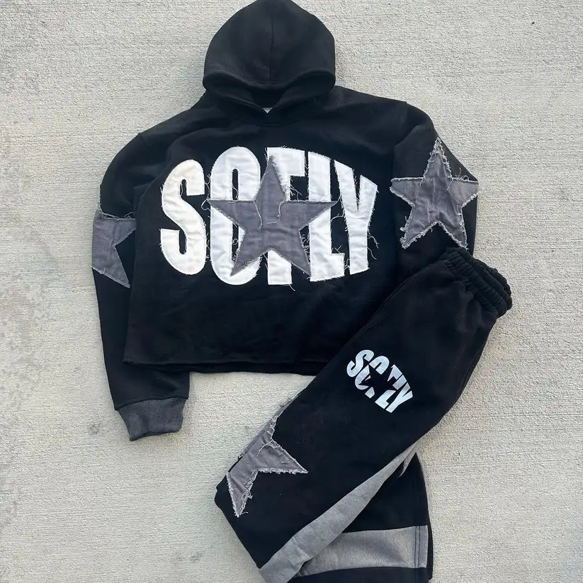 Gothic Retro Harajuku Star Embroidered Letter Oversized Hoodie Men's And Women's Y2K American Hip-hop New Trend Sports Hoodie