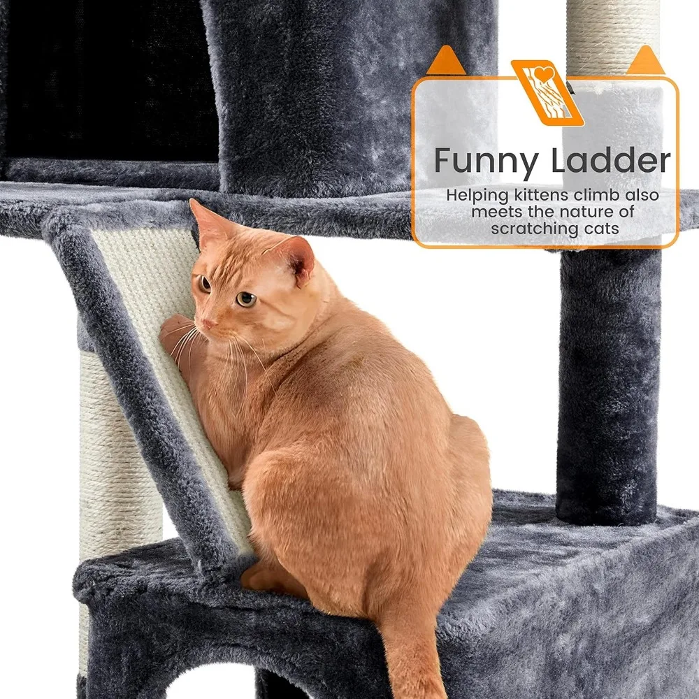 Indoor Cat Tower 71.5 Inches Tall, 2 Cozy Condos, 2 Padded Perches, Scratching Posts, Ramp for Cats