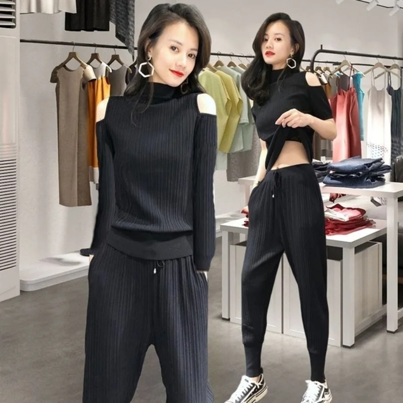 Ladies 2022 Spring and Autumn New Fashion Off-the-shoulder Slim Knitted Casual Sports Bottoming Two-piece Suit