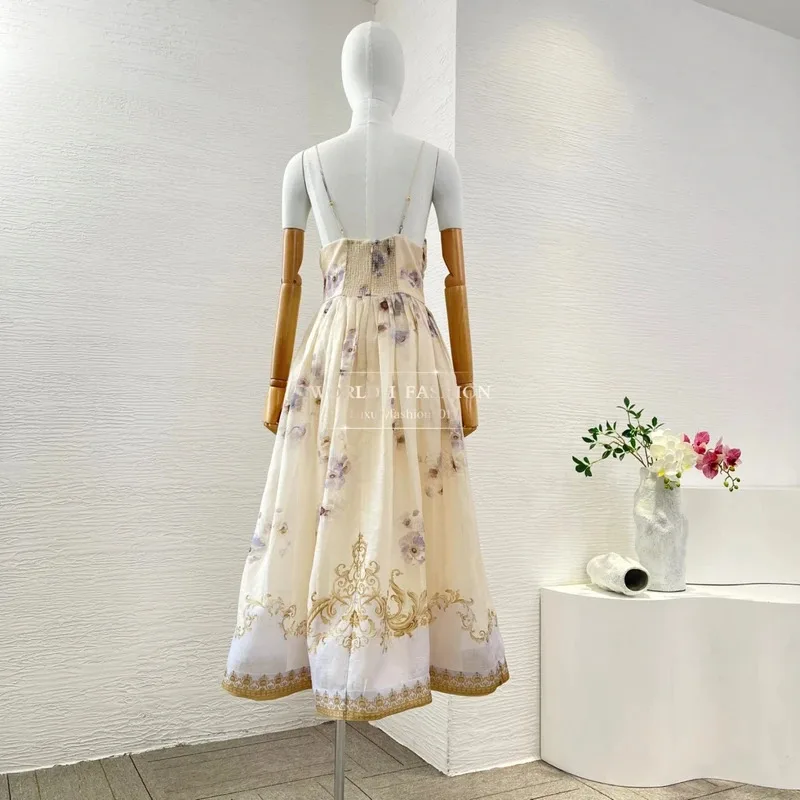 فساتين نسائية رومانسية جديدة لخريف 2025 فستان متوسط الطول مطبوع عليه زهور بيج أزرق بدون أكمام ورقبة على شكل V عميقة #2