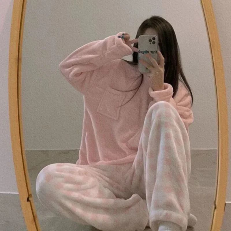 

Pajama Sets Women Unisex Winter Trendy Solid Harajuku Student College Thicken Simple O-neck Casual Sleepwear Long Sleeve Baggy