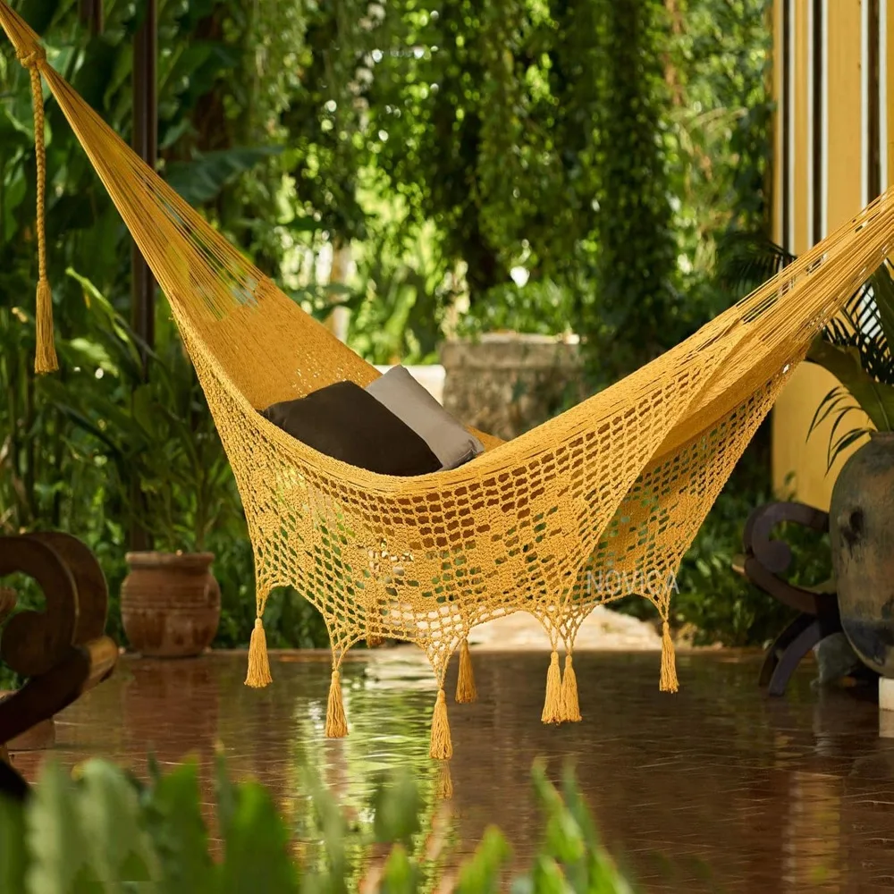 Handmade Amber Cotton Hammock (Triple) with Macrame Panels - Double-Sized, Comfortable and Durable Outdoor Hamaca