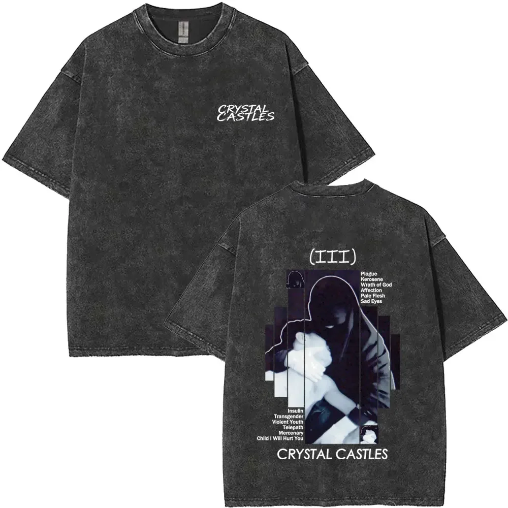 Custom Washed Vintage Crystal Castles III Album Graphic T-shirt Men Women Retro Gothic Rock Streetwear Male Casual Oversized T-s