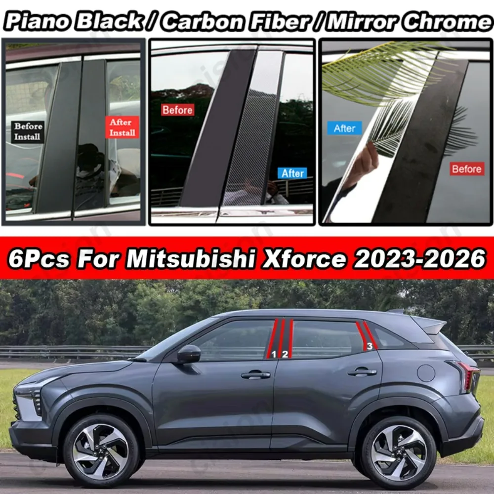 Glossy Carbon Fiber Black Chrome Car Door Window Center B C Pillars Post Middle Column Cover Trim Sticker For Mitsubishi Xforce