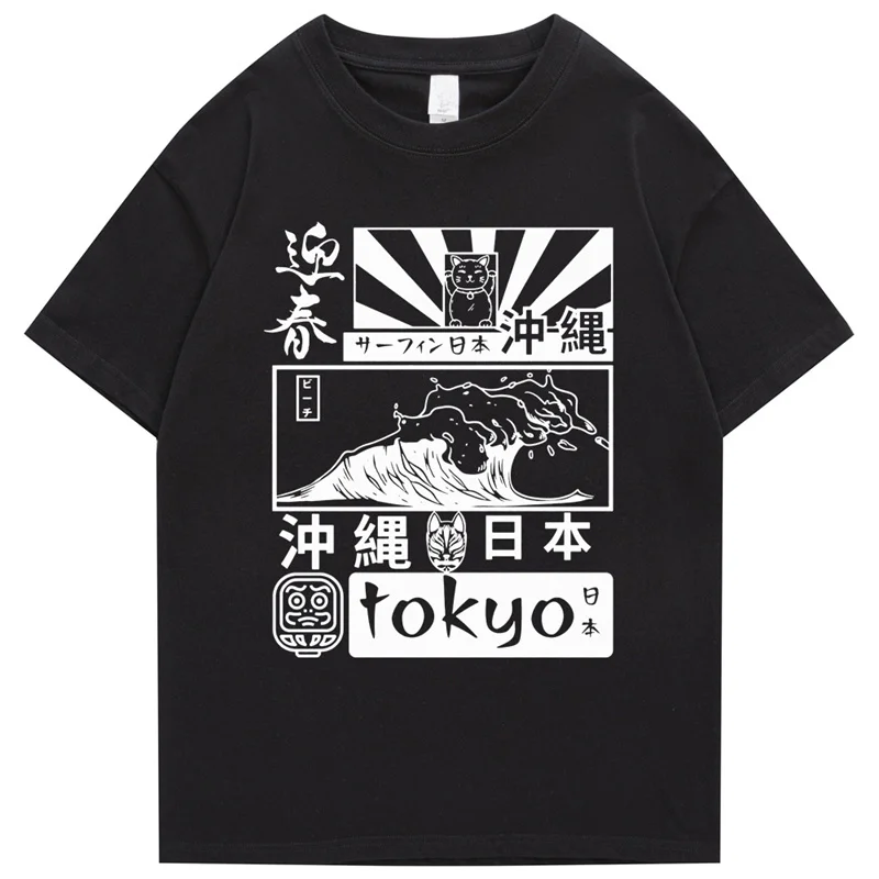 100% Cotton Japanese Retro Tokyo Wave Hip Hop T-shirt 2024 Street Fashion Painting T-shirt Short sleeved Summer Harajuku T-shirt