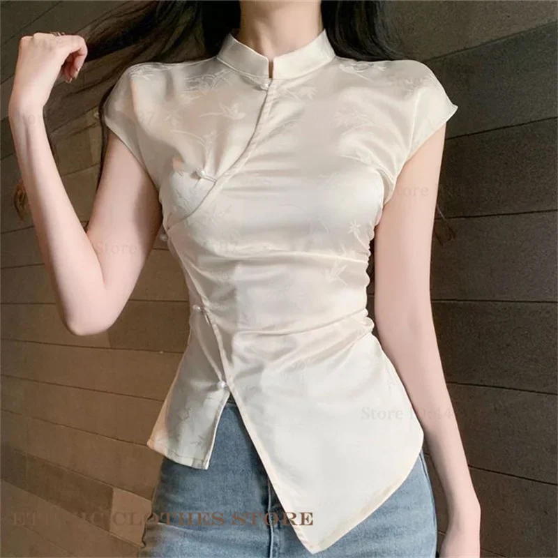 

Classic Jacquard Tang Style Shirt Fashion New Chinese Style Top Summer Qipao Shirt Cheongsam Blouse Traditional Chinese Clothing