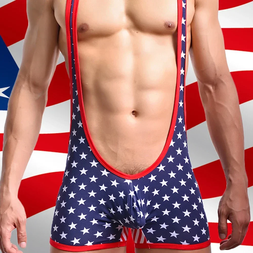 Men Fashion USA Flag Printed Wrestling Singlets Bodysuit Men Sexy Gym Sport Fitness Jockstrap Leotard Jumpsuit Romper Undershirt