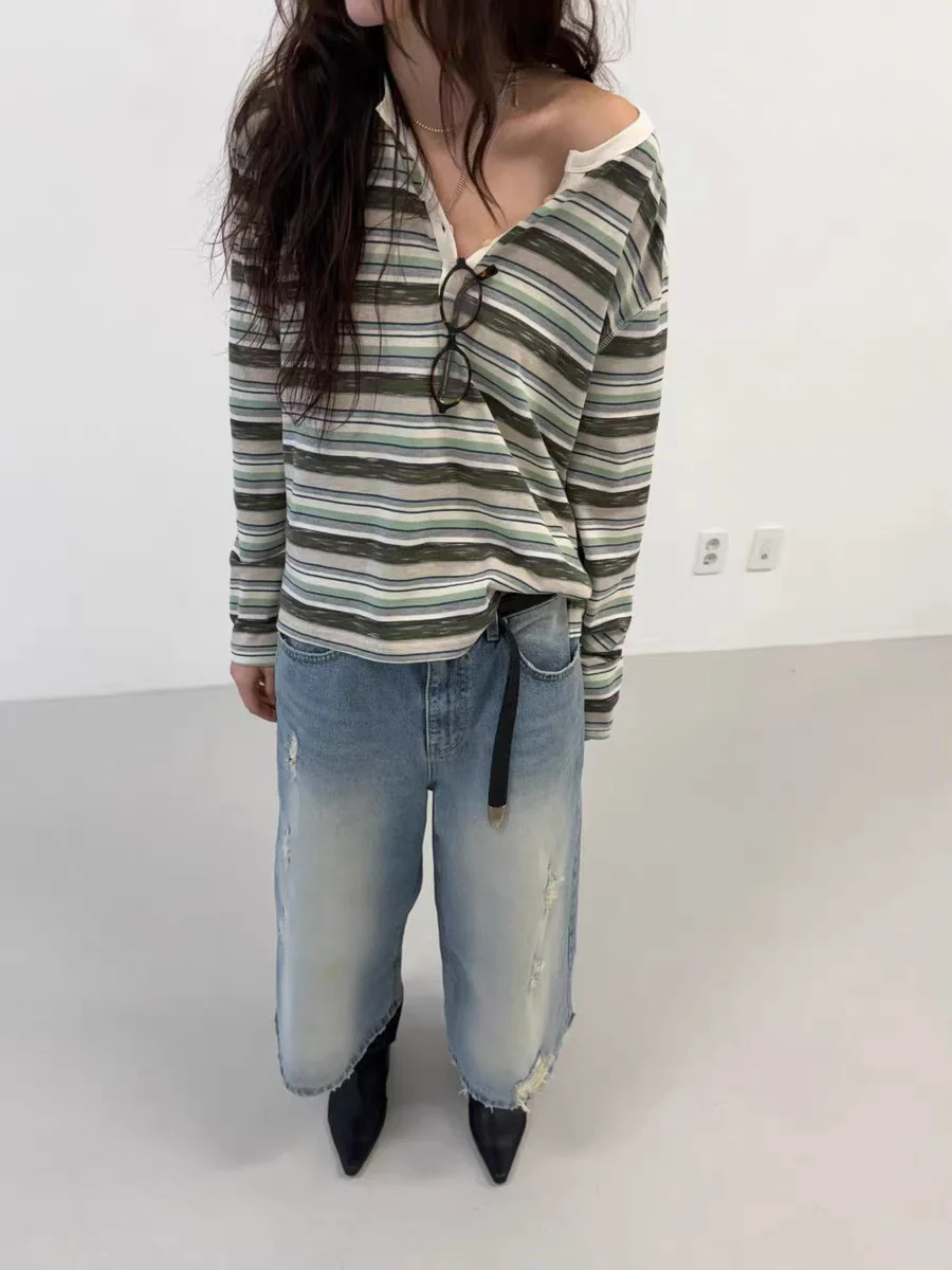 

Женская футболка с длинным рукавом и воротником хенли в стиле колор-блок, свободного кроя, универсальный топ для многослойных образов, в стиле Dongda Gate Collision Color