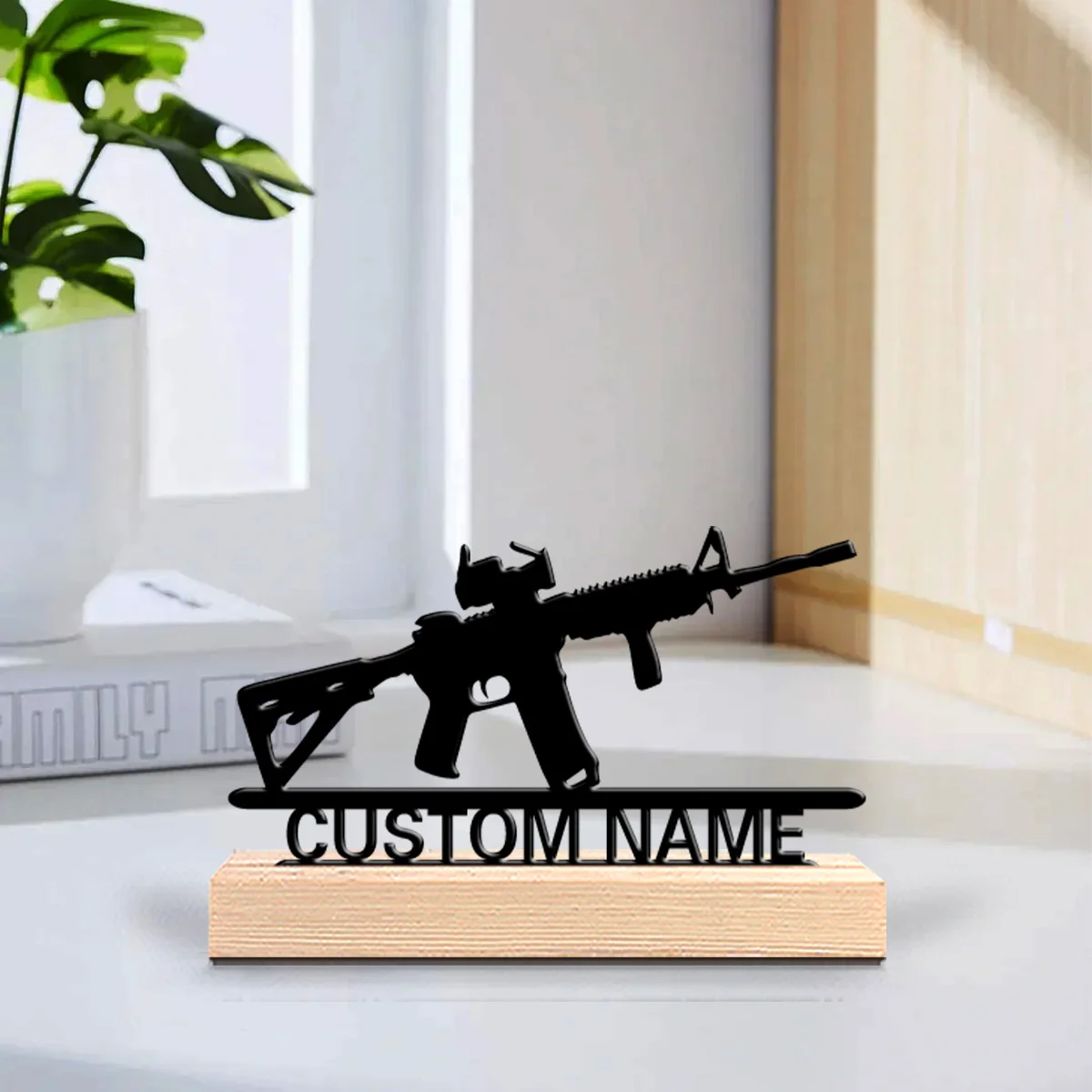 1pc Stylish Personalized Custom Rifle Metal Statues Metal Art with Wooden Base Tabletop Decoration Desktop and Men's Gifts