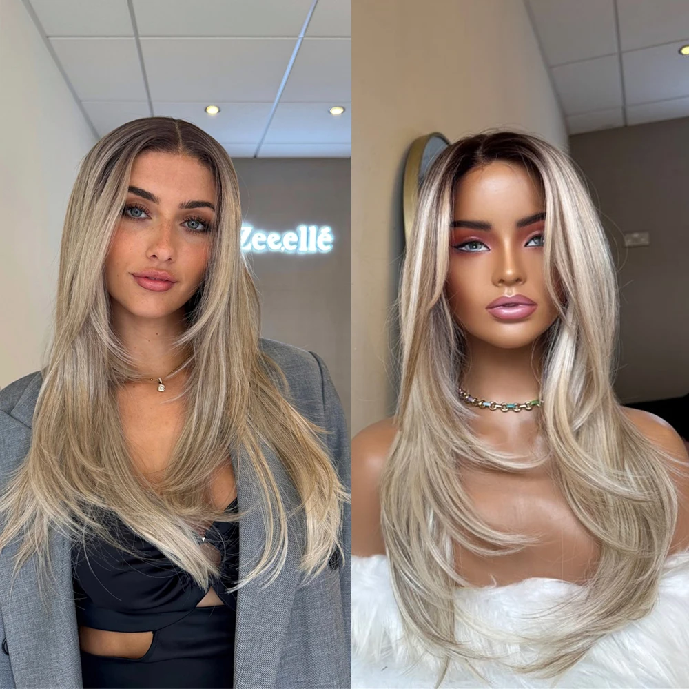 

Трюфельное масло, блондинка, мелирование, синтетический парик спереди, многослойный прямой бесклеевой парик с детскими волосами, термостойкое волокно