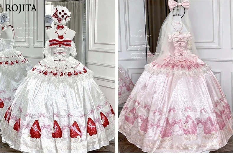 

Strawberry Print Bridal Top and Skirt Princess Style Birthday Anniversary Wedding Engagement Ceremony Sense Skirt Two-Piece Set