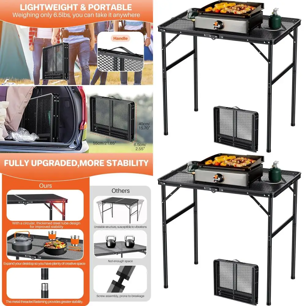 

Portable Folding BBQ Table - 31.5x21.6, Adjustable Height to 29.4, Lightweight Metal, Ideal for Camping, Picnics, and BBQs, Blac
