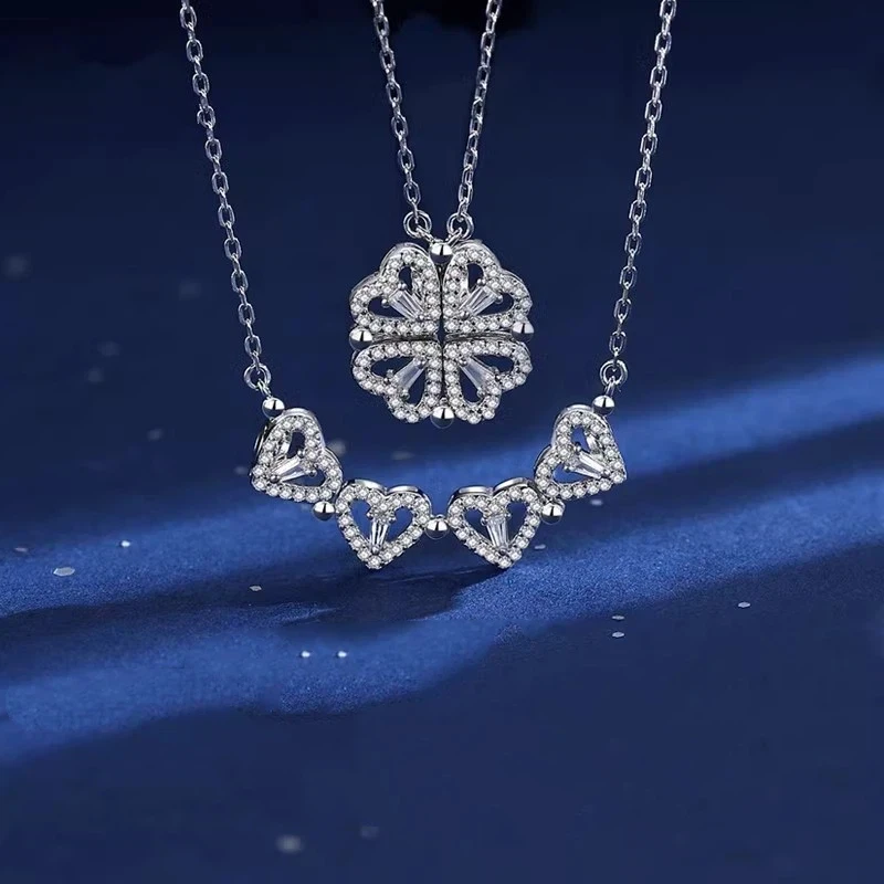 

1pc Heart Shaped Four Leaf Clover Pendant Necklace Jewelry Zircon Women Love Clavicle Chain Gifts Openable ChokerJewelry
