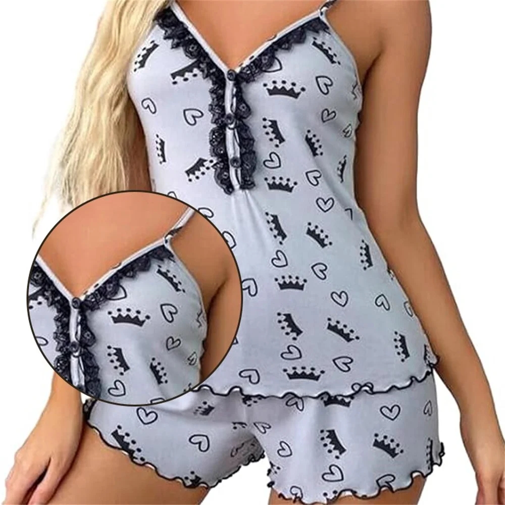 Pajama set Sexy Summer Two Pieces Women Pajamas Set Deep V-Neck Tops And Shorts Pajama Suit Ladies Sleeveless Nightwear