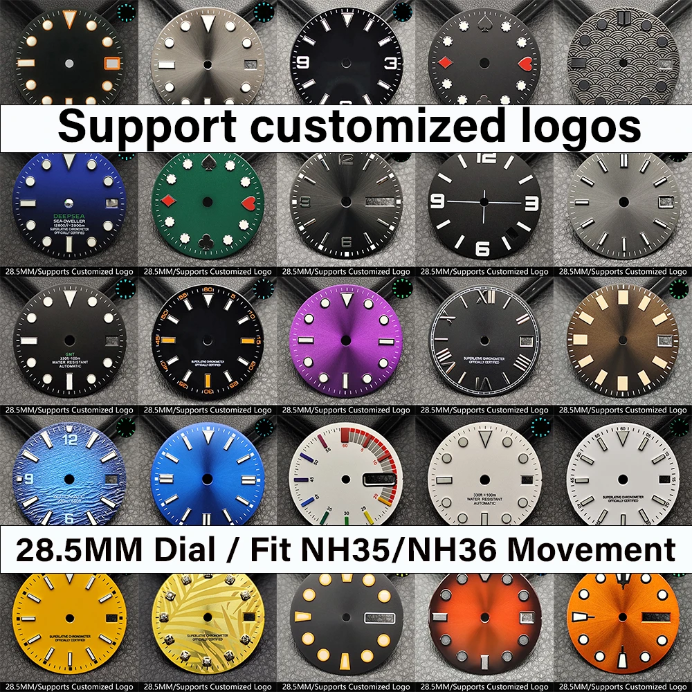 

28.5mm NH35 dial fit for NH35/NH36 movement watch case single/double calendar blue-green luminous dial watch accessories