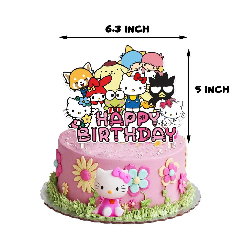 Decorazioni per feste a tema Sanrio Kuromi Hello Kitty Cinnamoroll Bandiera decorata Carta per torta Carta di invito con ciondolo a spirale con palloncino