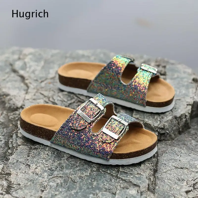 Glitter Double Strap Cork Footbed Slide Sandals Adjustable Metal Buckle Flat Summer Slippers for Women Beach Casual