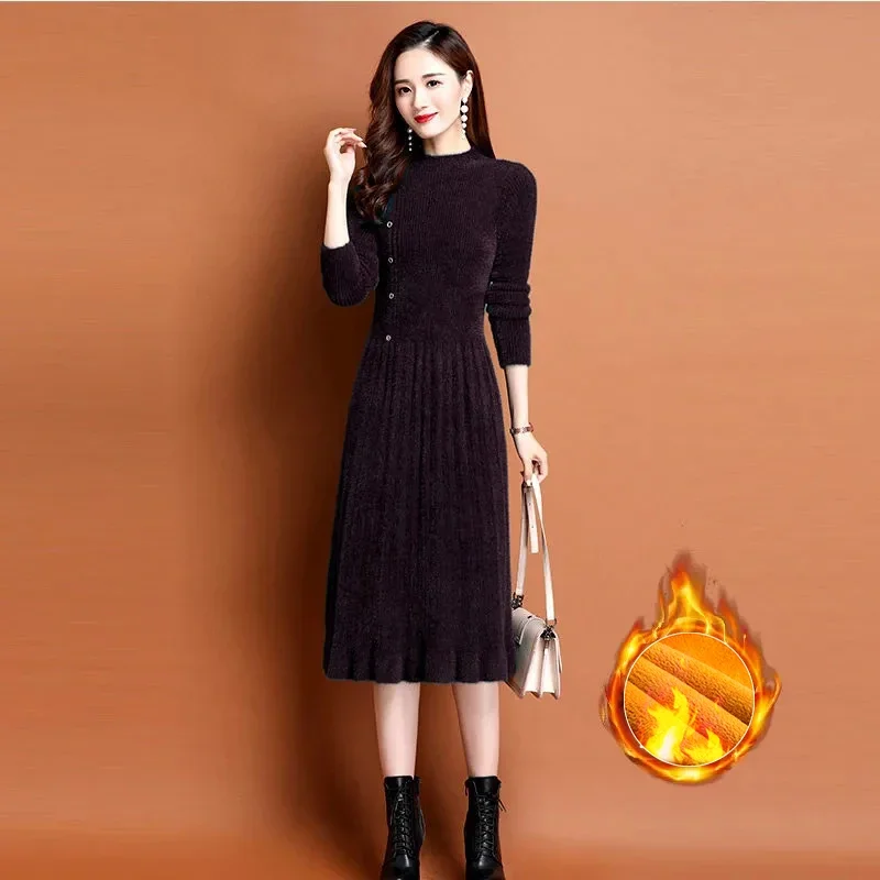 

Slim Imitation Mink Knitwear Dresses Velvet Lined Thicken Knitted Midi Dress Warm Winter Sweater Vestidos Long Women Robe F291