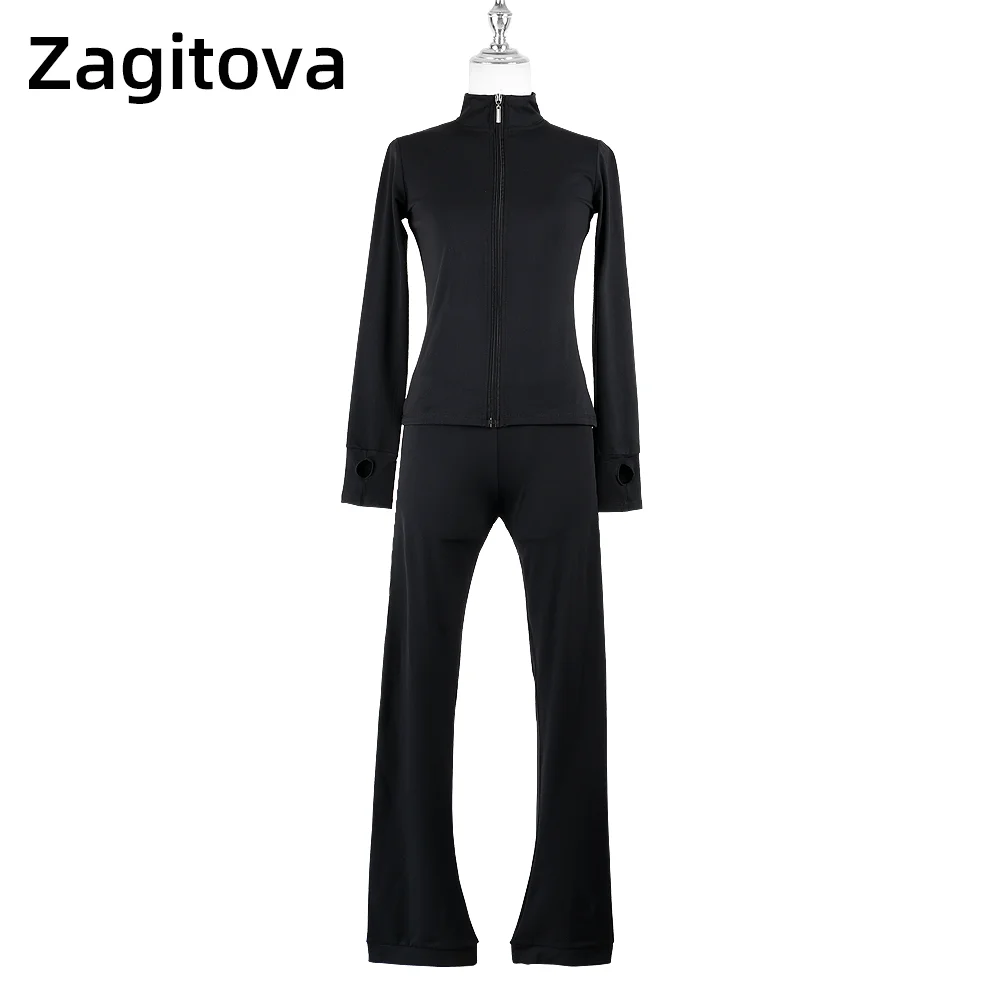 Elastic Figure Skating Training Suit Girl Adult Top Jacket Pants Suit Roller Skating Black Practice