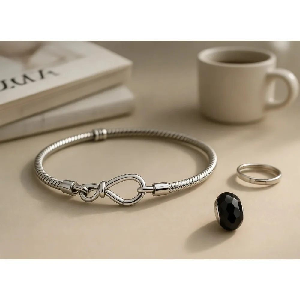 

Браслет-цепочка из стерлингового серебра 925 пробы, глянцевый, женский, с шармами, для подарка на День матери, с одной разделительной бусиной