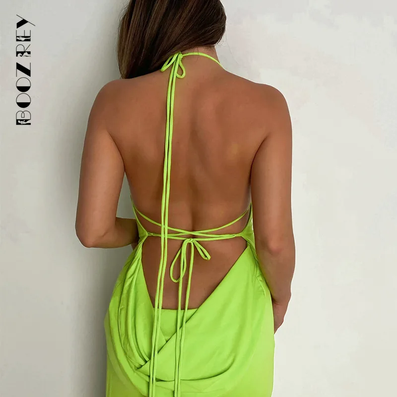 

BoozRey Backless Strap Women 2022 Summer Midi Dresses Club Black Elegant Sleeveless Helater Bandage Dress Beach Long Robe Dress