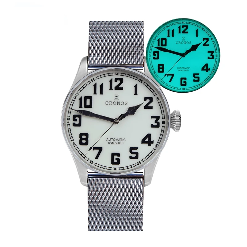 CRONOS Mens Pilotนาฬิกาอัตโนมัตินาฬิกาข้อมือทหารLuminous Dial 100Mกันน้ําPT5000