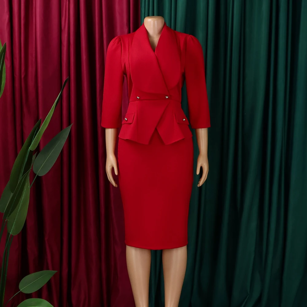 Großer Kragen 3/4 Ärmel Tailliertes Büro-Damenkleid Schönes Modisches Elegantes Afrikanisches Midi-Karrierekleid für Damenmode – Detail 14