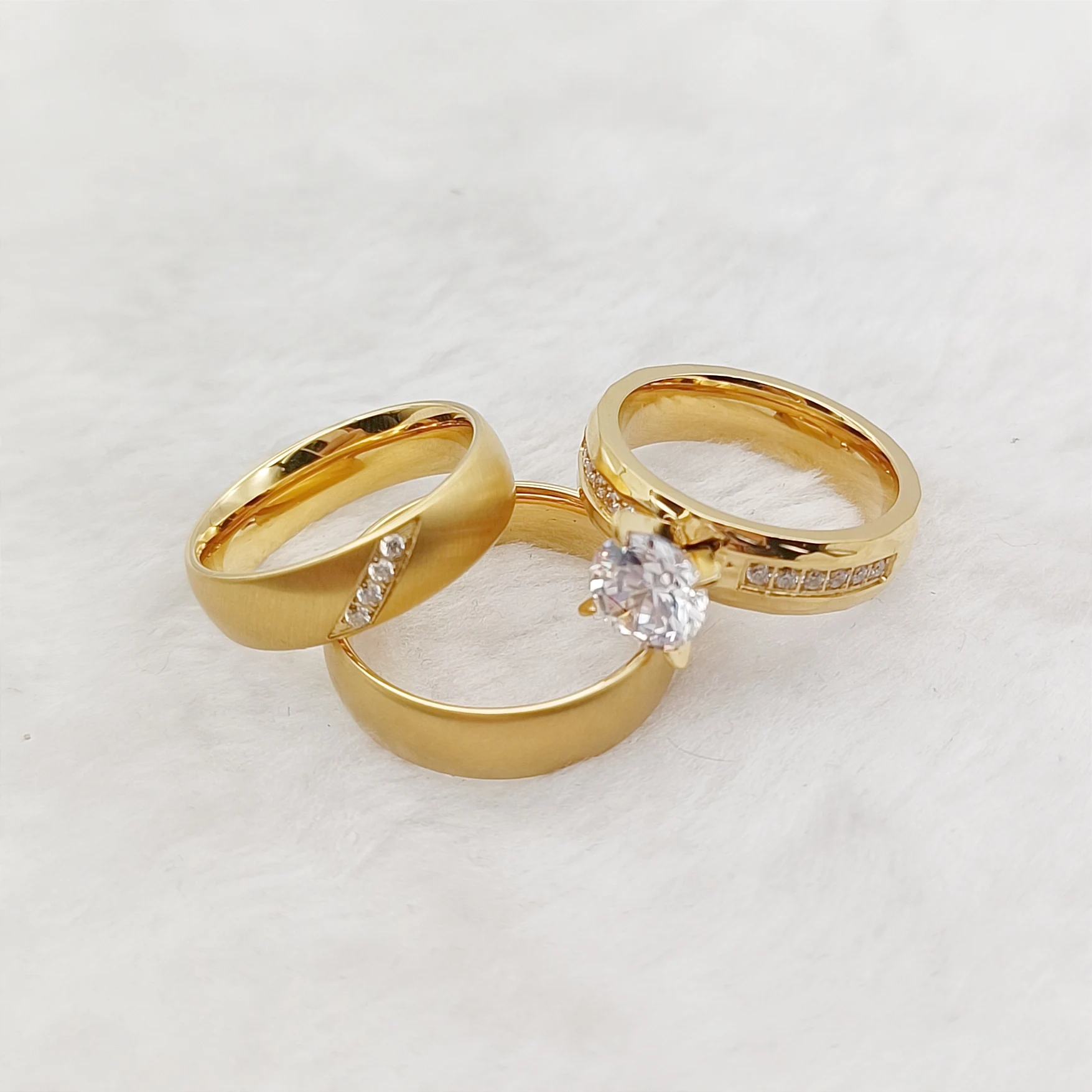 His and Hers 24k Gold Plated Dubai Couples Wedding Rings Jewelry Women Ladies 3pcs Bridal Sets Men's Stainless Steel Jewelry