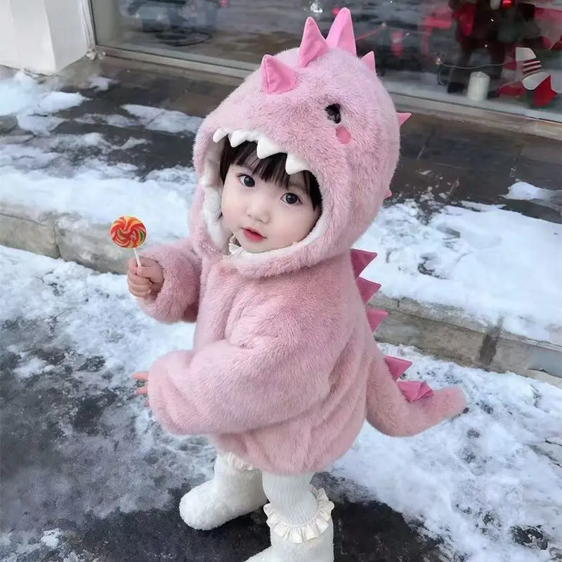 Winter Thicken Cartoon Parent-Child Matching Outfits Boy Cute Little Dinosaur Coat Girl Sweet Tops Hooded Cotton-Padded Jacket