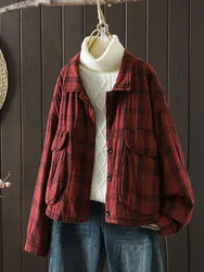 Women Casual Jackets New Arrival 2024 Spring Vintage Style Plaid Pattern Big Pockets Loose Female Cotton Outerwear Coats B3195