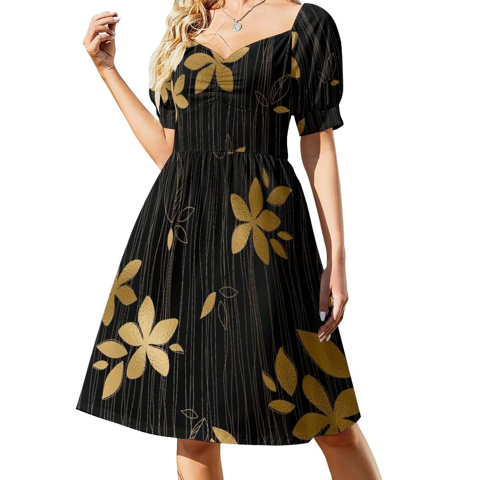 Luxurious Black and Gold Flower Art Deco Pattern Short Sleeved Dress women formal occasion dresses evening dresses women Dress