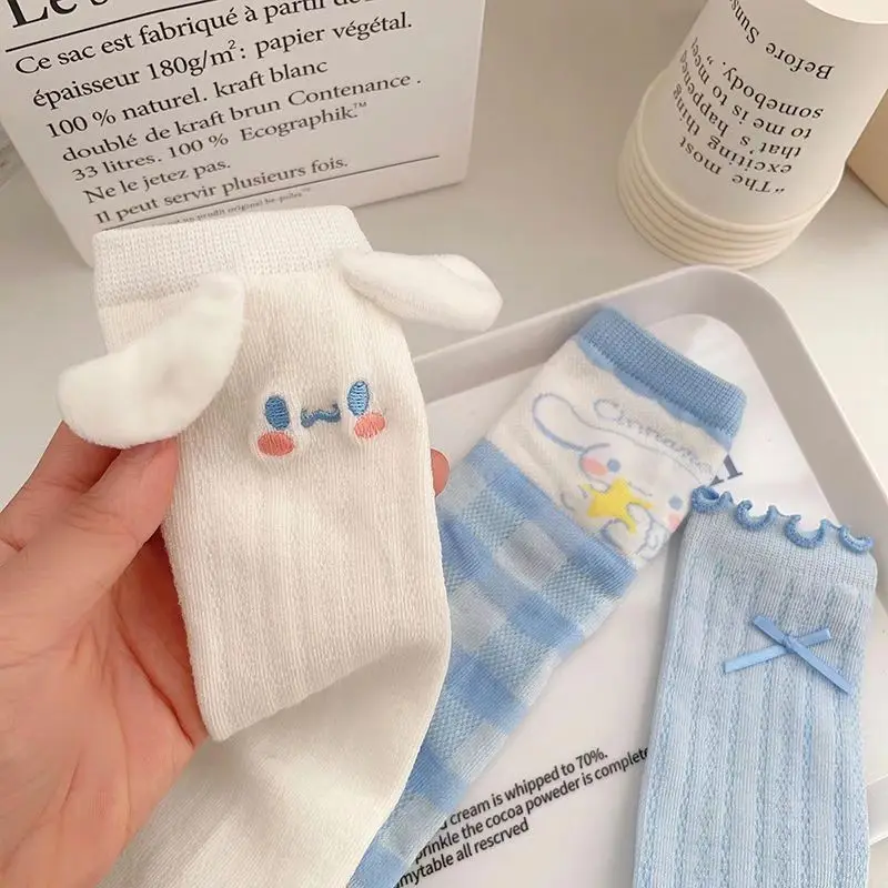 Sanrio Spring Summer New Sweet Japanese Thin Socks for Women Light Blue Lolita Cute Cinnamoroll Mid-Calf Socks