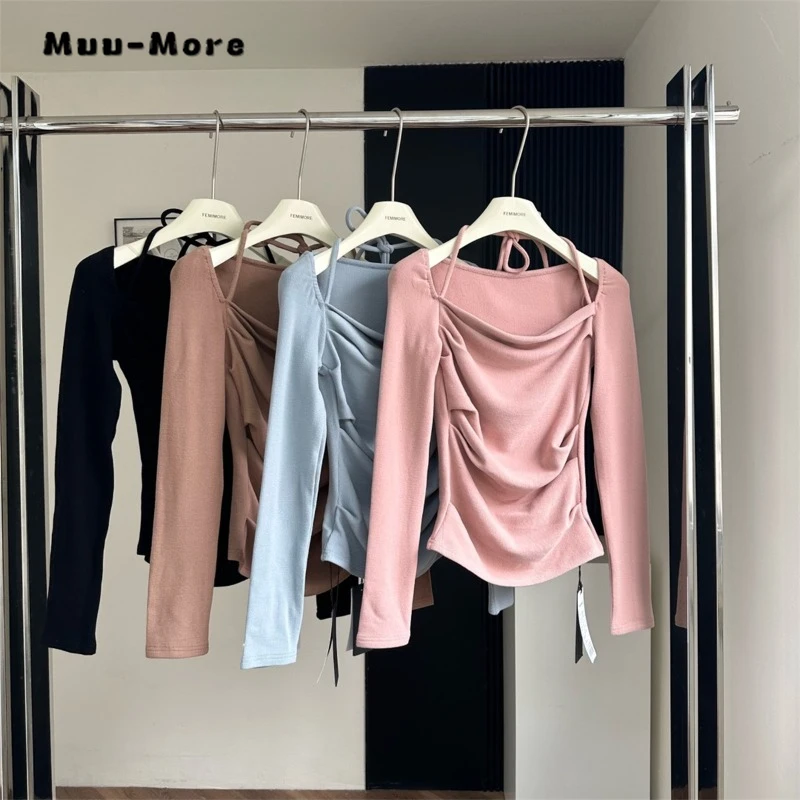 

2024 Spring Sexy Casual Solid Color Long Sleeve Slash Neck T-Shirts Women Fashion Hotsweet Club Folds Sheath Coquette Tees Tops