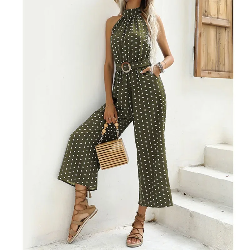 Jumpsuit wanita polkadot, Jumpsuit Halter kaki lebar dengan sabuk elegan berpergian musim panas