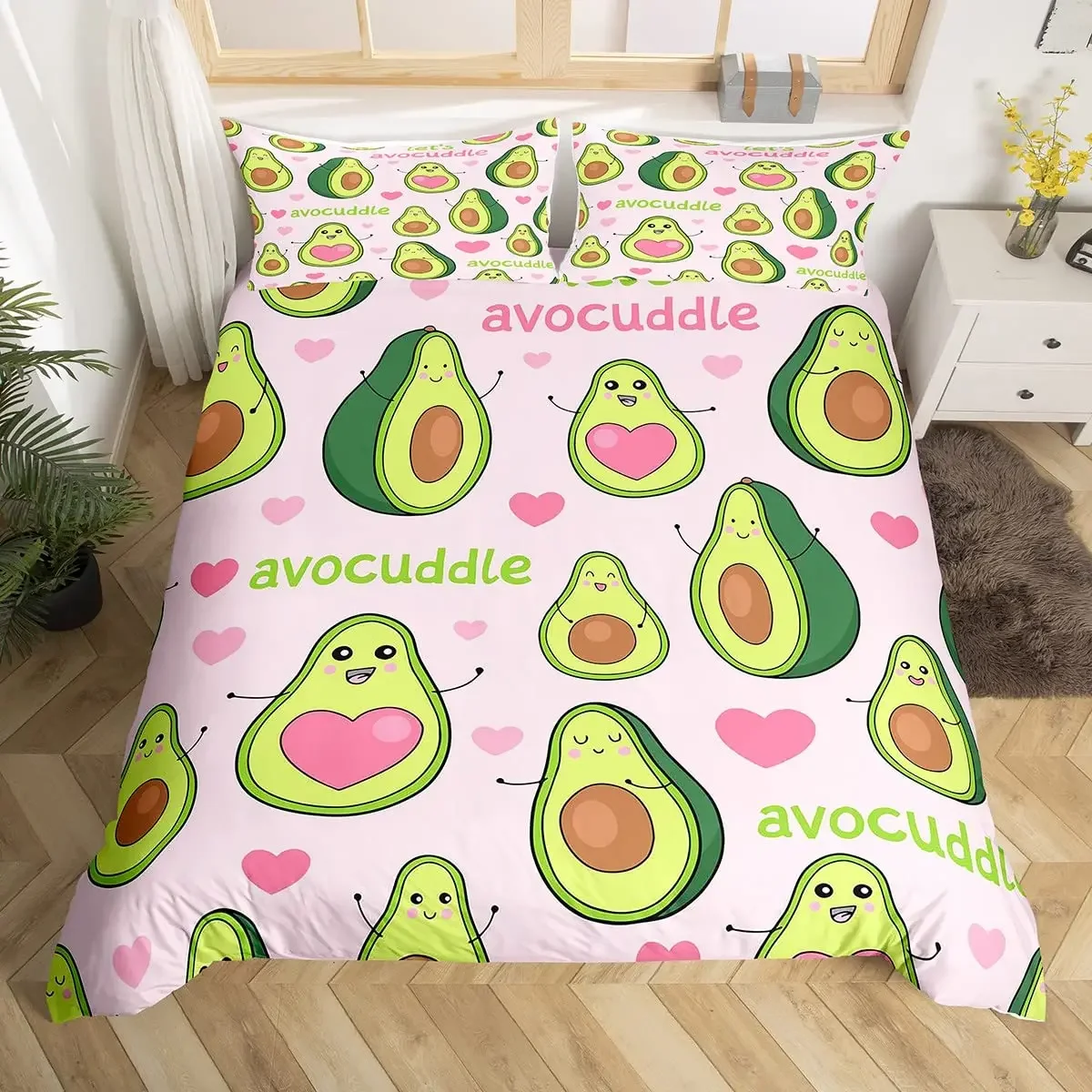 Fruit Duvet Cover Set, Cute Cartoon Avocado Decor 3 Piece Bedding Set with 2 Pillow Shams, Queen King Full Size, Paprika Green