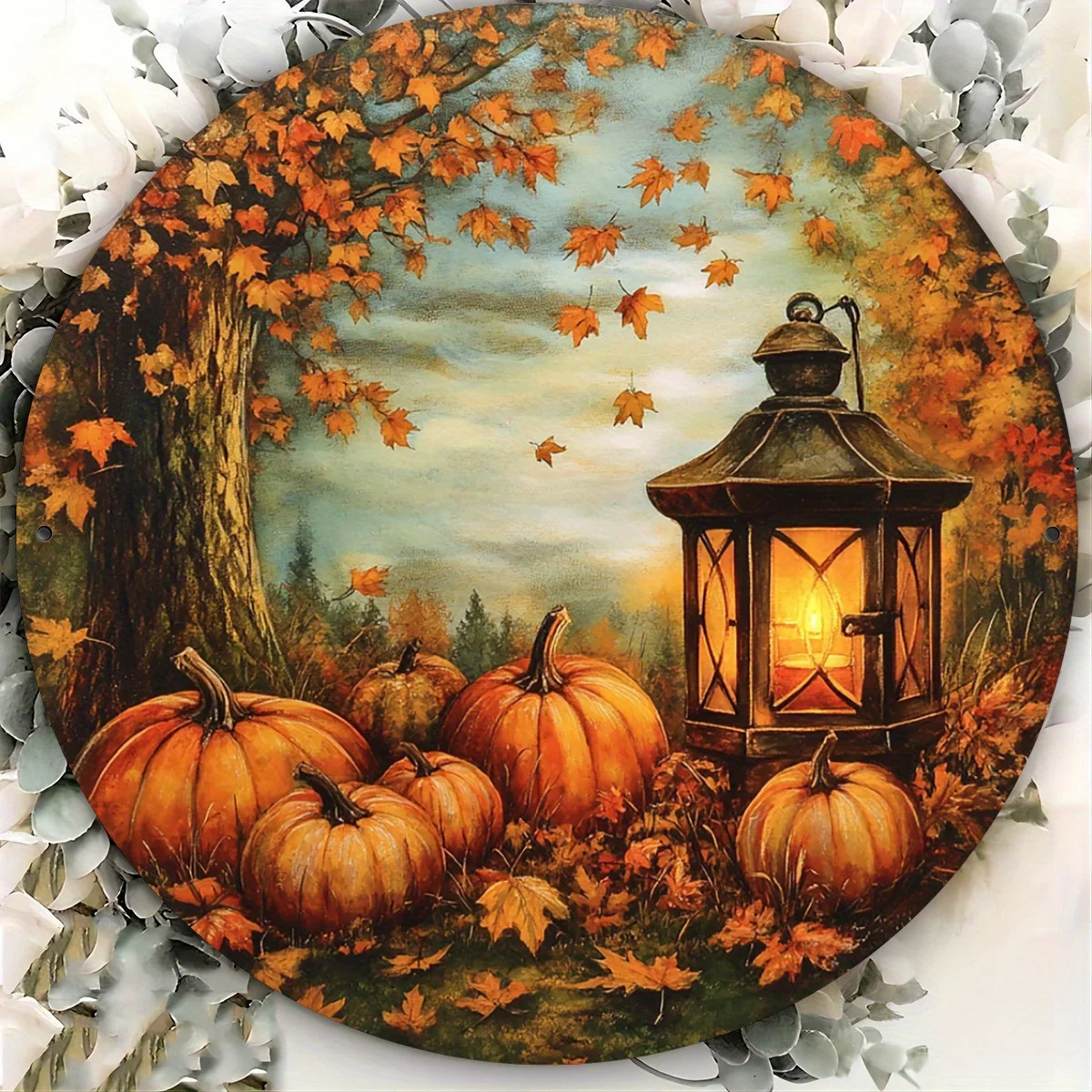 [2D Flat] Vintage-Herbstlaterne und Kürbis-Metallwandkunst, 20,32 x 20,32 cm – rustikale Herbstdekoration mit warmen orangefarbenen Blättern und leuchtendem L
