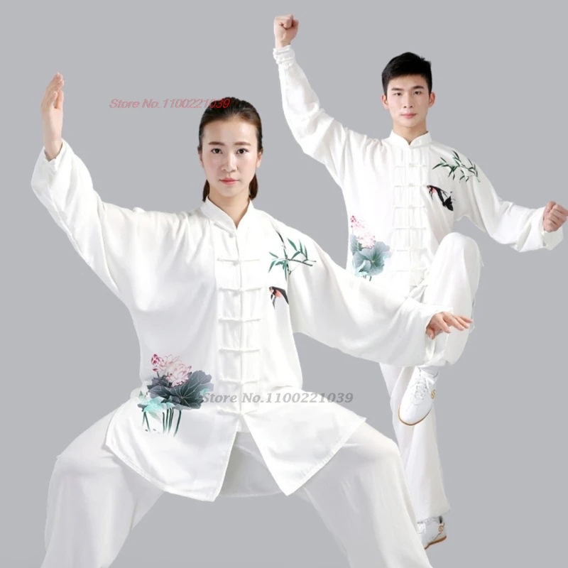 

2025 chinese tai chi kung fu uniform national flower print training exercise wushu martial traditional kung fu outdoor walking
