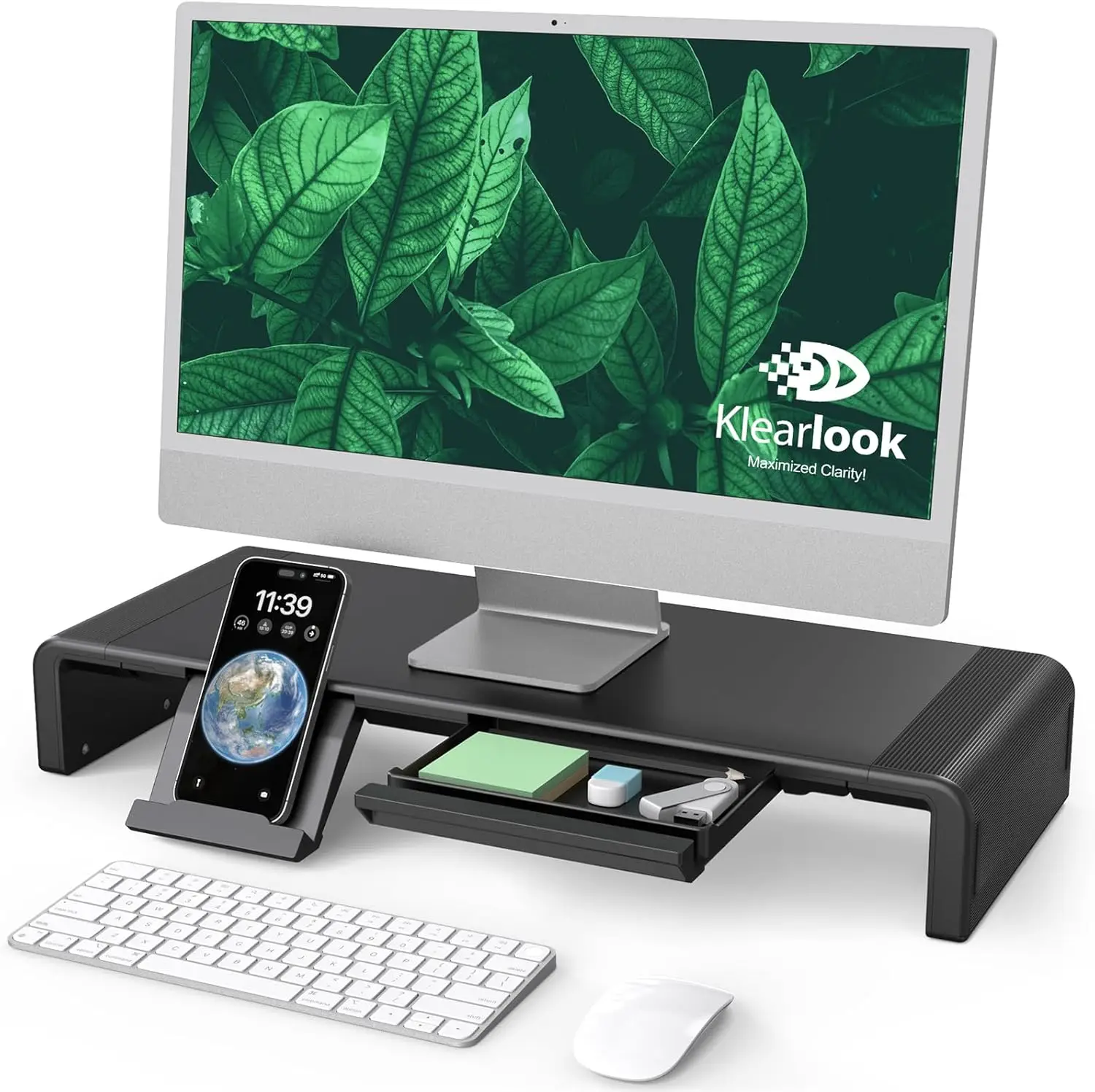 

Adjustable Foldable Monitor Stand with Storage Drawer & Tablet Holder for Office Home Desk (Black)