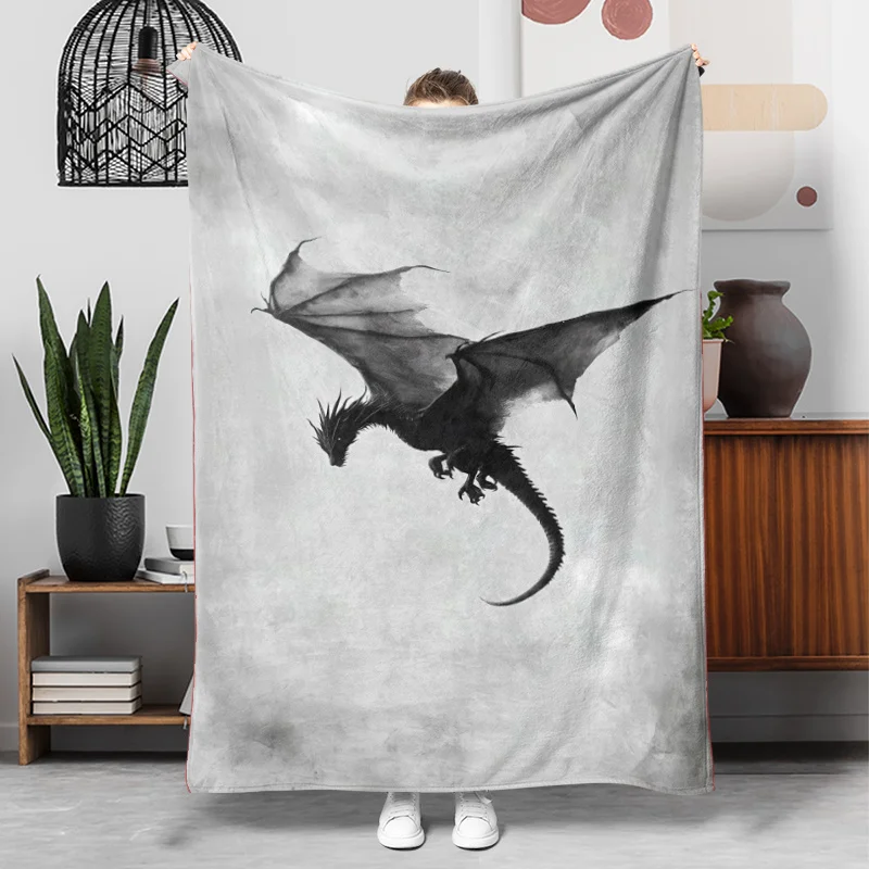 Light Gray Background Black Ink Flying Dragon Retro Print Warm Blanket For Bedroom Sofa Camping Home Leisure Daily Household Use